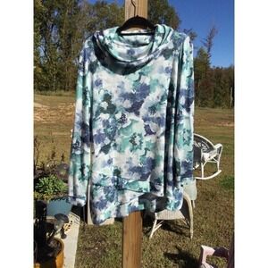Chico’s womens knit mock neck tunic sweater vanity 3 xl 16 blue white floral